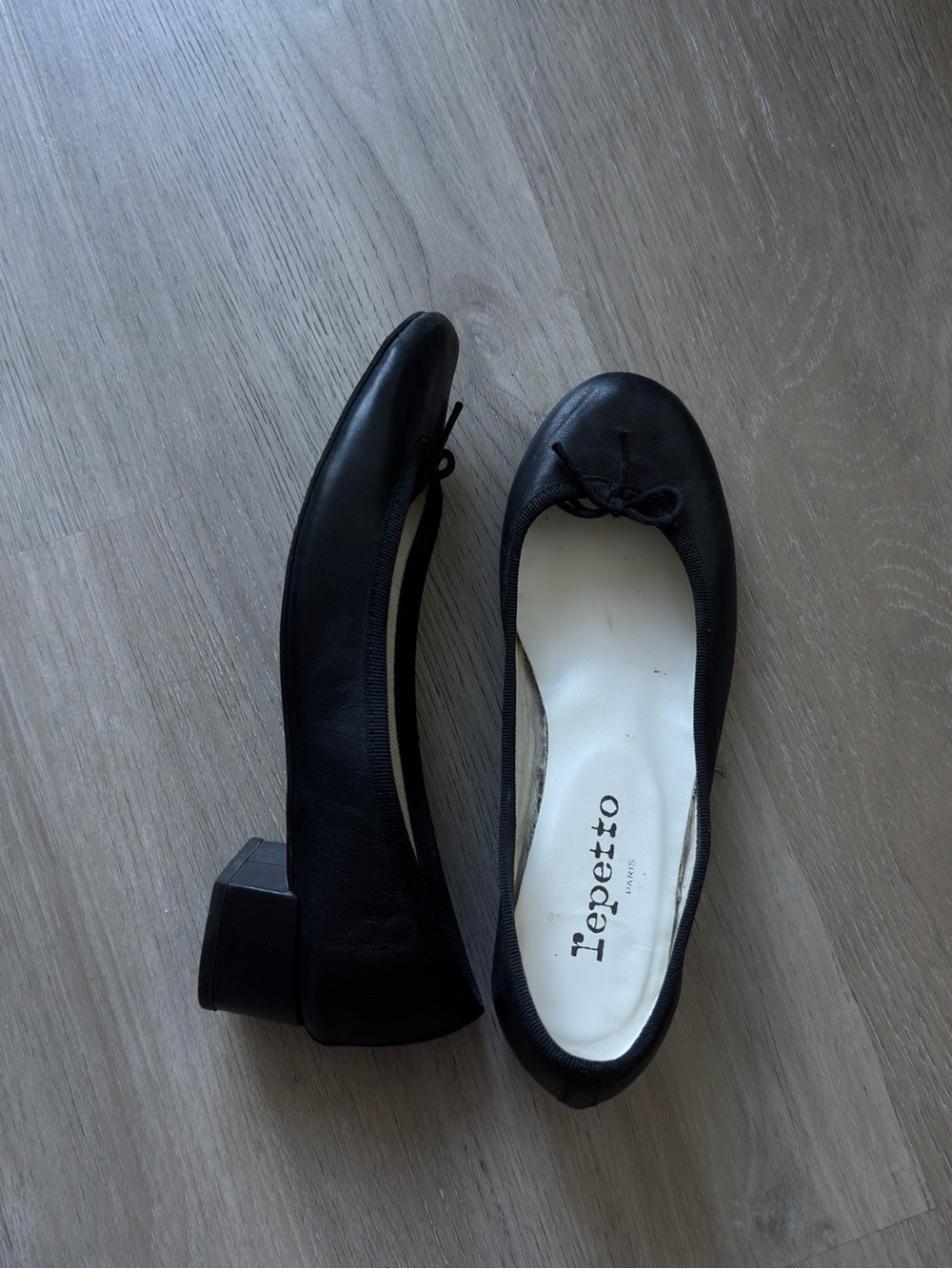 Repetto Black Leather Low Block Heel Ballet Flats
